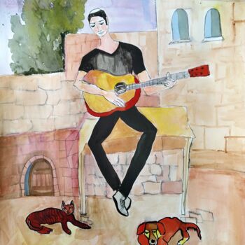 Drawing titled "musicians in Tsefat" by Janna Shulrufer, Original Artwork, Watercolor