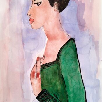 Painting titled "portrait in green" by Janna Shulrufer, Original Artwork, Watercolor