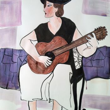Dessin intitulée "Playing the guitar" par Janna Shulrufer, Œuvre d'art originale, Encre
