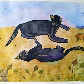Картина под названием "two cats" - Janna Shulrufer, Подлинное произведение искусства, Акварель