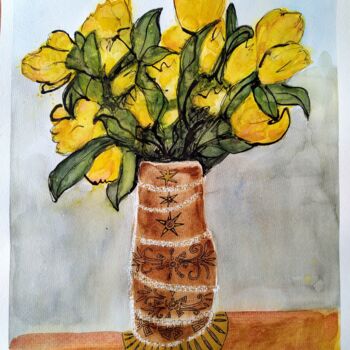 Drawing titled "Yellow tulips" by Janna Shulrufer, Original Artwork, Watercolor