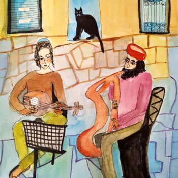 Картина под названием "Musicians in the st…" - Janna Shulrufer, Подлинное произведение искусства, Акварель