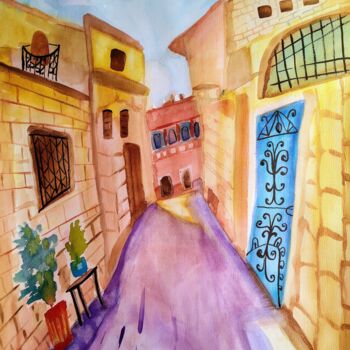 Schilderij getiteld "Old street in Zefat" door Janna Shulrufer, Origineel Kunstwerk, Aquarel