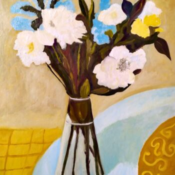 Painting titled "blue flowers" by Janna Shulrufer, Original Artwork, Oil