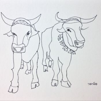 Drawing titled "couple of bulls" by Janna Shulrufer, Original Artwork, Gel pen
