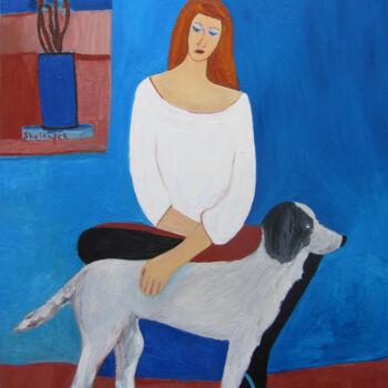 Painting titled "Girl and dog" by Janna Shulrufer, Original Artwork, Oil