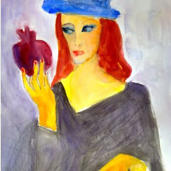 Painting titled "woman with pomegran…" by Janna Shulrufer, Original Artwork, Watercolor