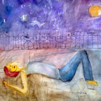 Malerei mit dem Titel "on the roof" von Janna Shulrufer, Original-Kunstwerk, Aquarell
