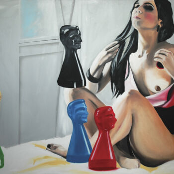 Painting titled "Bed games" by Janos Kujbus, Original Artwork, Oil