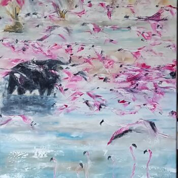 Painting titled "296 Flamants roses" by Gilles Janson, Original Artwork, Oil