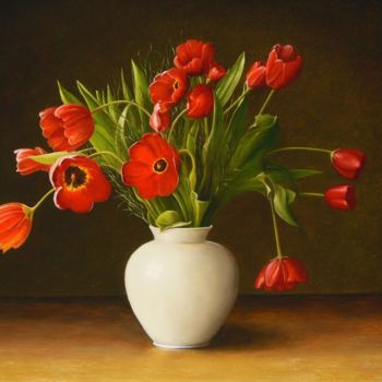 Painting titled "Red Tulips" by Jan Teunissen, Original Artwork, Oil Mounted on Wood Panel