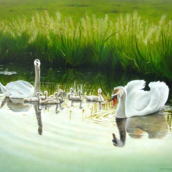 Painting titled "Swan family (nine c…" by Jan Teunissen, Original Artwork, Oil Mounted on Wood Panel