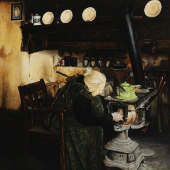 Painting titled "Woman fueling stove" by Jan Teunissen, Original Artwork, Oil Mounted on Wood Panel