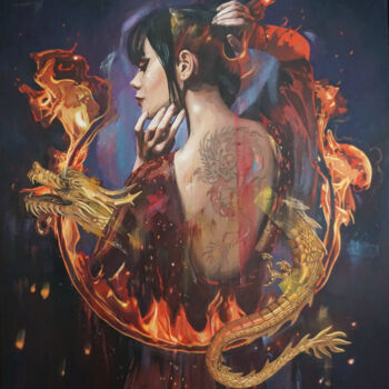 Malerei mit dem Titel "Dragon girl II" von Janusz Orzechowski, Original-Kunstwerk, Öl Auf Keilrahmen aus Holz montiert