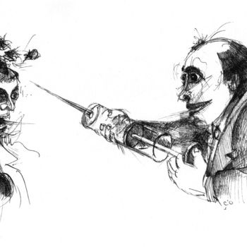 Zeichnungen mit dem Titel "Lʼinformation" von Pierre Andrillon (Jasinski), Original-Kunstwerk, Tinte