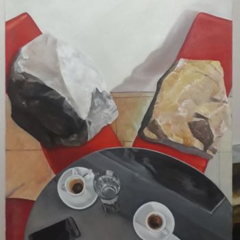 Картина под названием "The dead in the cafe" - Jasir Gradeci, Подлинное произведение искусства, Масло