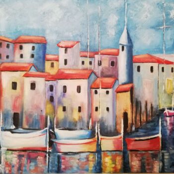 Картина под названием "A town on the sea" - Jasmina Vuckovic, Подлинное произведение искусства, Масло