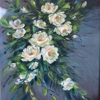 Painting titled "White roses version…" by Jacqueline Wilkinson, Original Artwork, Oil