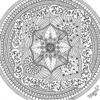 Dessin intitulée "Mandala Floral" par Jaya Bhagavan, Œuvre d'art originale, Encre