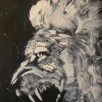 Painting titled "Lion en colère" by Jayfray, Original Artwork, Acrylic Mounted on Wood Stretcher frame