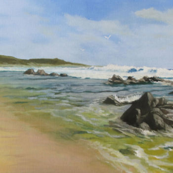Painting titled "Gulls by the Rocks" by Jmcd Art, Original Artwork, Oil