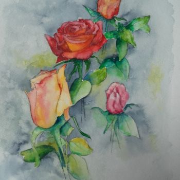 Painting titled "Les roses du jardin…" by James Burgevin, Original Artwork, Watercolor