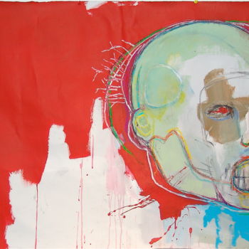 Malerei mit dem Titel "Tête sur fond rouge" von Jean Christophe Le Du, Original-Kunstwerk, Acryl