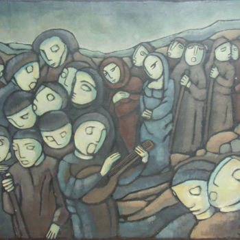 Painting titled "La procession" by Jean-Christophe Pagès, Original Artwork, Acrylic Mounted on Wood Stretcher frame
