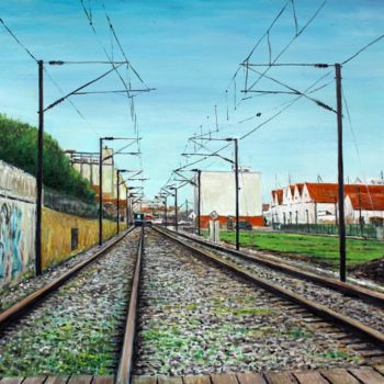 Painting titled "faro-railway-lines.…" by José A Cavaco, Original Artwork, Oil