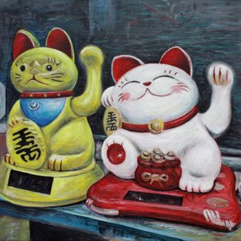 Schilderij getiteld "Chinese-cats.jpg" door José A Cavaco, Origineel Kunstwerk, Olie