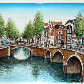 Painting titled "Amsterdam-bridges.j…" by José A Cavaco, Original Artwork, Watercolor