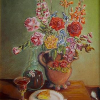 Painting titled "Nature morte au bou…" by Jean-Claude Chatain, Original Artwork, Oil Mounted on Wood Stretcher frame