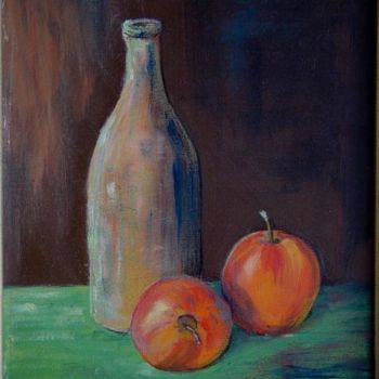 Painting titled "Les pommes" by Jean-Claude Chatain, Original Artwork, Oil Mounted on Cardboard