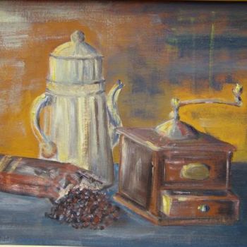 Painting titled "Le moulin à café" by Jean-Claude Chatain, Original Artwork, Acrylic Mounted on Wood Stretcher frame