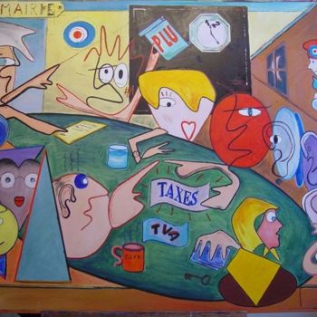 Painting titled "Séance du Conseil M…" by Jean-Claude Chatain, Original Artwork, Oil Mounted on Wood Stretcher frame