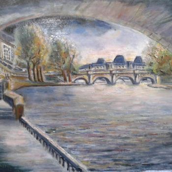 Painting titled "la Seine à Paris" by Jean-Claude Chatain, Original Artwork, Oil Mounted on Wood Stretcher frame