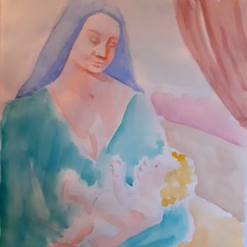 Peinture intitulée "madone à l'enfant" par Jean Christophe Ravier, Œuvre d'art originale, Aquarelle