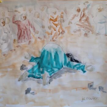 Painting titled "Lapidation" by Jean Christophe Ravier, Original Artwork, Watercolor