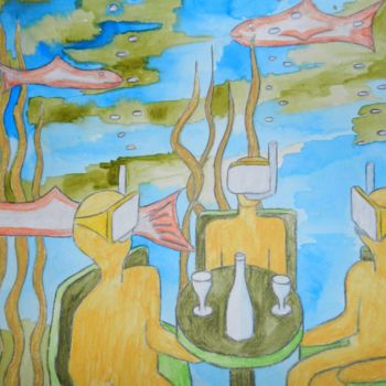 Peinture intitulée "LE CAFE DE LA PLAGE" par Le Livreur De Chats, Œuvre d'art originale, Aquarelle