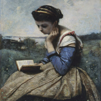 Painting titled "Une femme qui lit" by Jean-Baptiste-Camille Corot, Original Artwork, Oil