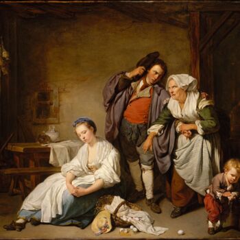 Pittura intitolato "Les œufs cassés" da Jean-Baptiste Greuze, Opera d'arte originale, Olio
