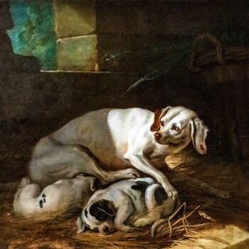 Peinture intitulée "Chienne allaitant s…" par Jean-Baptiste Oudry, Œuvre d'art originale, Huile