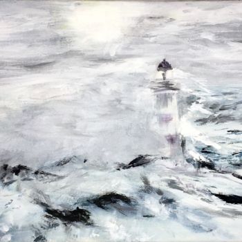 Painting titled "Le phare." by Jean-Bruno Ricard, Original Artwork, Oil Mounted on Wood Stretcher frame