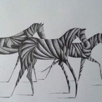 Tekening getiteld "CHEVAUX" door Jean-Christophe Labrue, Origineel Kunstwerk, Grafiet