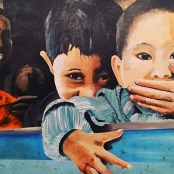 Malerei mit dem Titel "LES ENFANTS DU TRAIN" von Jean-Christophe Labrue, Original-Kunstwerk, Acryl