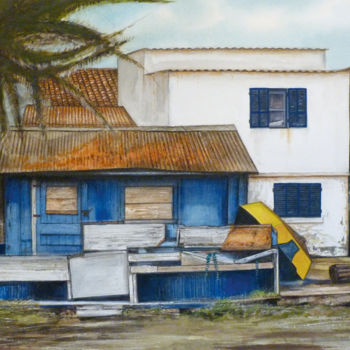Painting titled "La petite cabane bl…" by Jean-Christophe Latger, Original Artwork, Watercolor