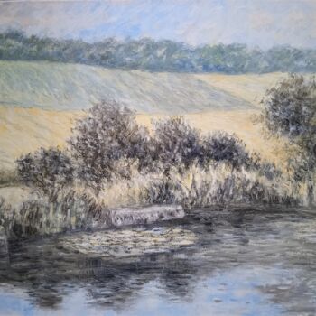 Painting titled "Etang à Courtagnon" by Jean-Claude Bemben, Original Artwork, Oil Mounted on Wood Stretcher frame