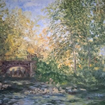 Painting titled "Le petit pont" by Jean-Claude Bemben, Original Artwork, Oil Mounted on Wood Stretcher frame