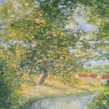 제목이 "Le village au print…"인 미술작품 Jean-Claude Bemben로, 원작, 기름 나무 들것 프레임에 장착됨