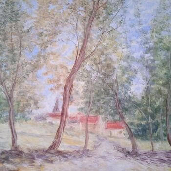Painting titled "Le chemin, les arbr…" by Jean-Claude Bemben, Original Artwork, Oil Mounted on Wood Stretcher frame